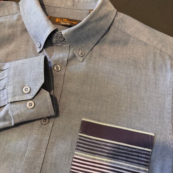 Ben Sherman Blue Chambray Printed Pocket‎ Button Down Mens Large Mod - Picture 1 of 10